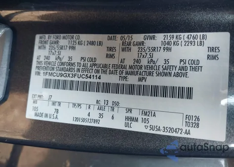 2015 Ford Escape Se from USA, damaged, VIN 1FMCU9GX3FUC54114